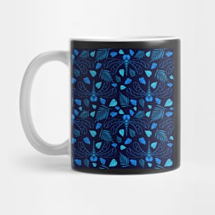 Bright Blue Dragonfly and Leaf Pattern on Blue Mug